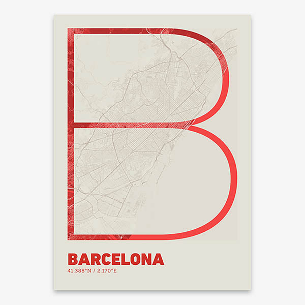 Poster of Barcelona composed with letters in extra light font printed on red and an off-white background