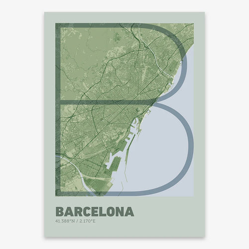 Poster of Barcelona composed with letters in extra light font printed on two green tones