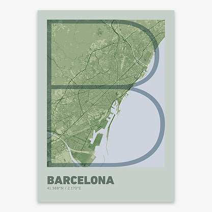 Poster of Barcelona composed with letters in extra light font printed on two green tones