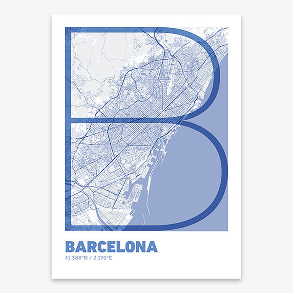 Poster of Barcelona composed with letters in extra light font printed on navy blue and white