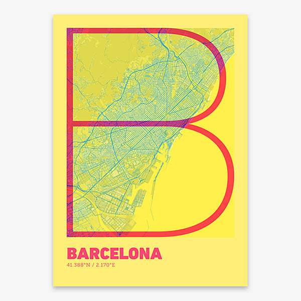 Poster of Barcelona composed with letters in extra light font printed on yellow and fuchsia