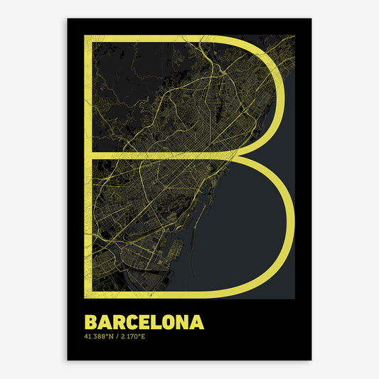 Barcelona Map V07 Night / Frame / Yes