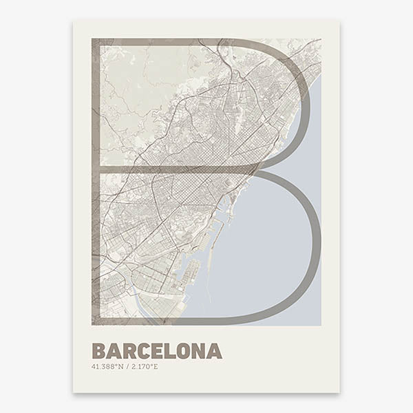 Poster of Barcelona composed with letters in extra light font printed on light brown and an off-white background