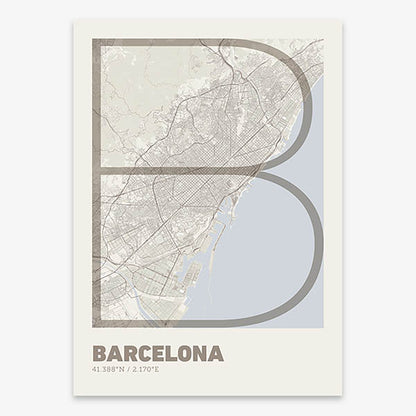 Poster of Barcelona composed with letters in extra light font printed on light brown and an off-white background