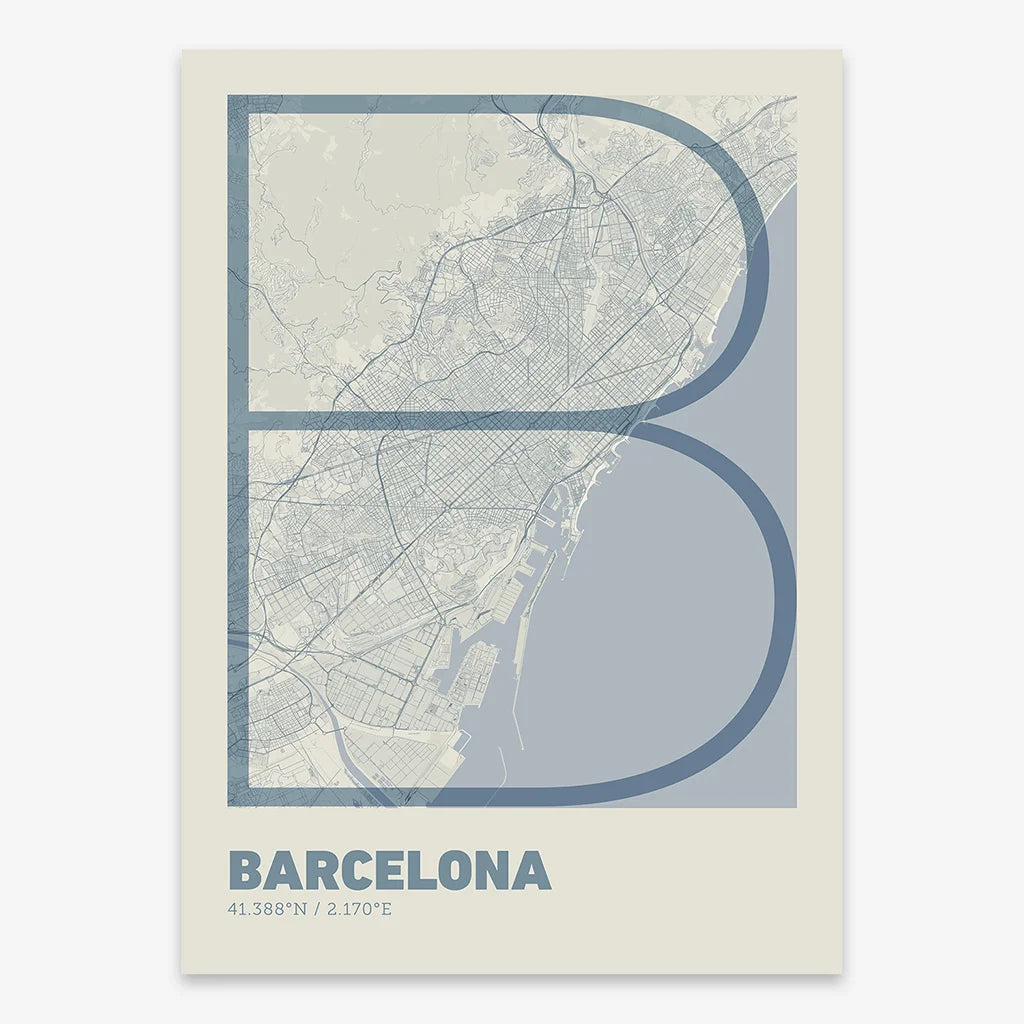 Poster of Barcelona composed with letters in extra light font printed on bluish gray and an off-white background