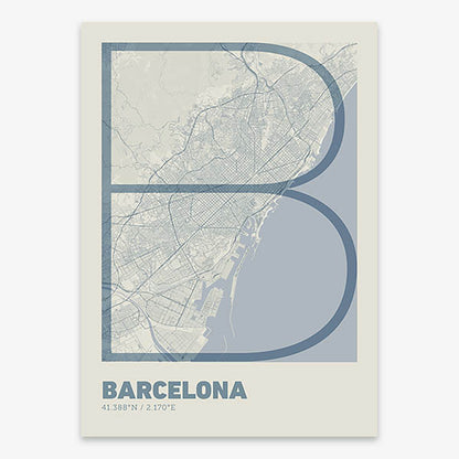 Poster of Barcelona composed with letters in extra light font printed on bluish gray and an off-white background