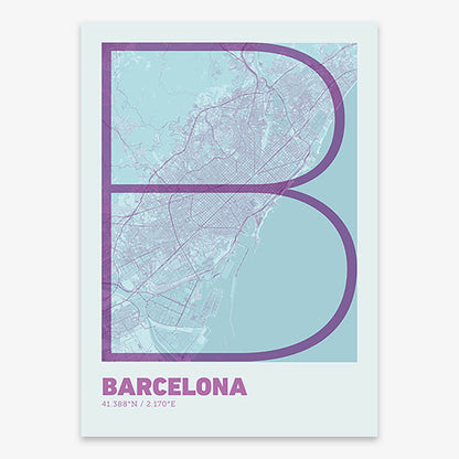 Poster of Barcelona composed with letters in extra light font printed on purple and light blue