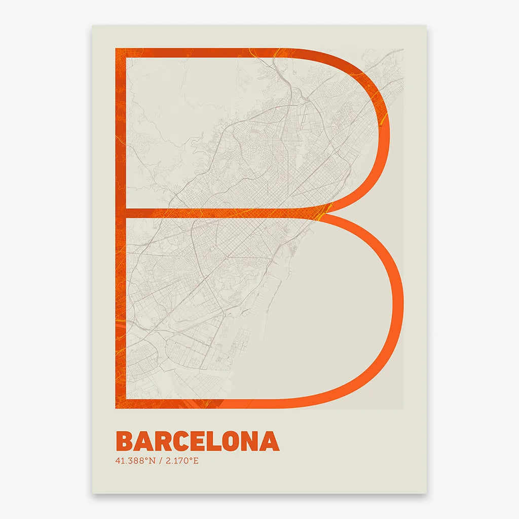 Poster of Barcelona composed with letters in extra light font printed on orange and an off-white background