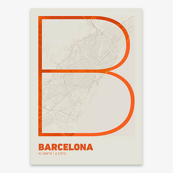 Poster of Barcelona composed with letters in extra light font printed on orange and an off-white background