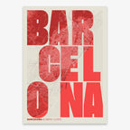 Decorative print of Barcelona with letters of its name placed randomly, designed in red and an off-white background
