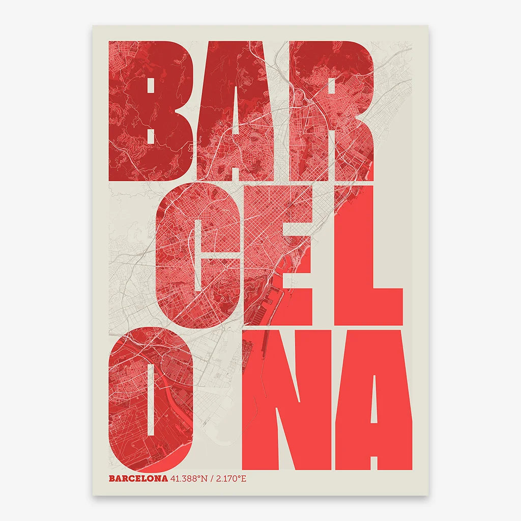 Decorative print of Barcelona with letters of its name placed randomly, designed in red and an off-white background
