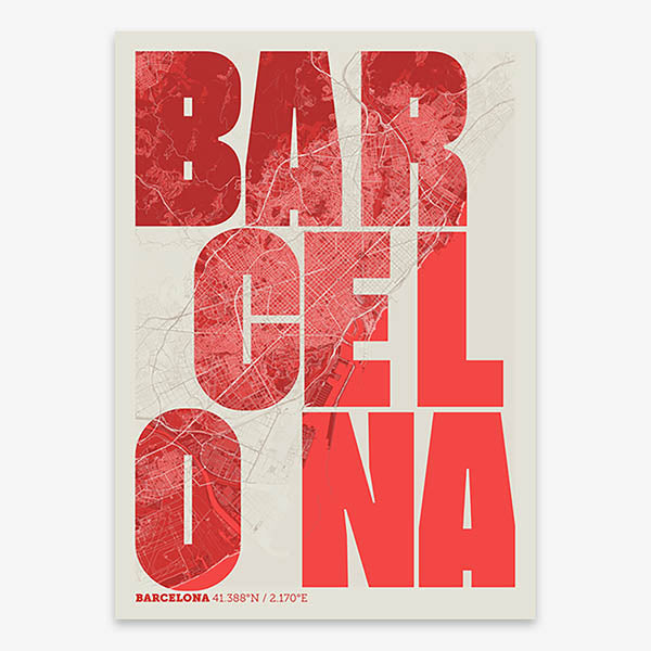 Decorative print of Barcelona with letters of its name placed randomly, designed in red and an off-white background
