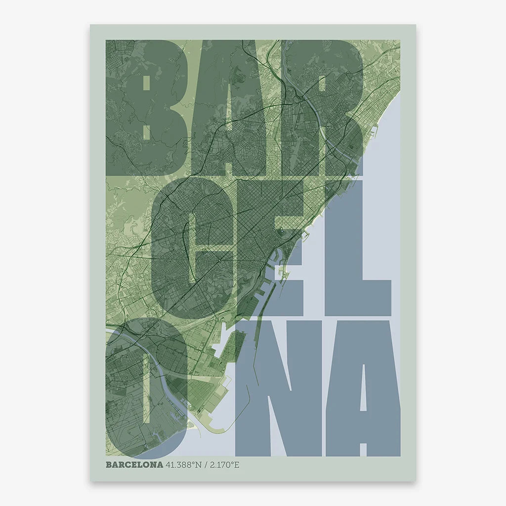 Decorative print of Barcelona with letters of its name placed randomly, designed in two green tones