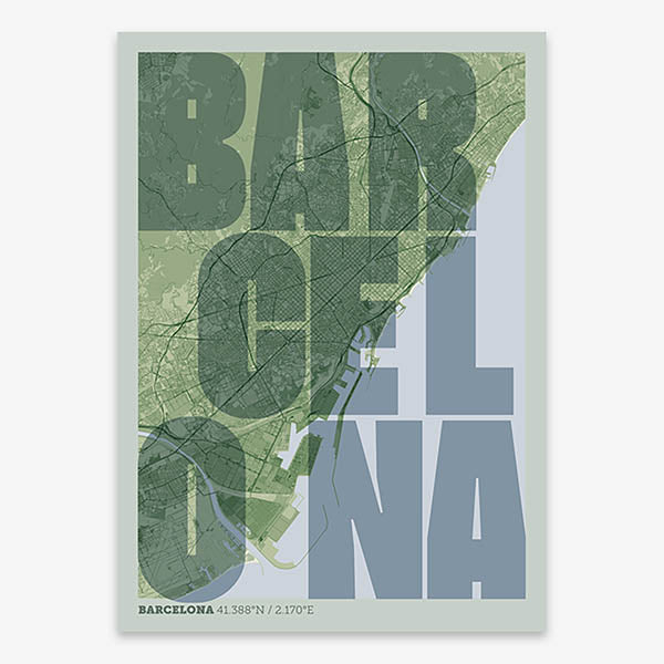 Decorative print of Barcelona with letters of its name placed randomly, designed in two green tones