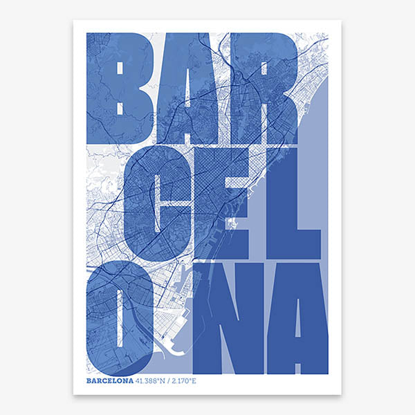 Decorative print of Barcelona with letters of its name placed randomly, designed in navy blue and white