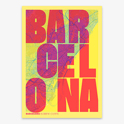 Decorative print of Barcelona with letters of its name placed randomly, designed in yellow and fuchsia