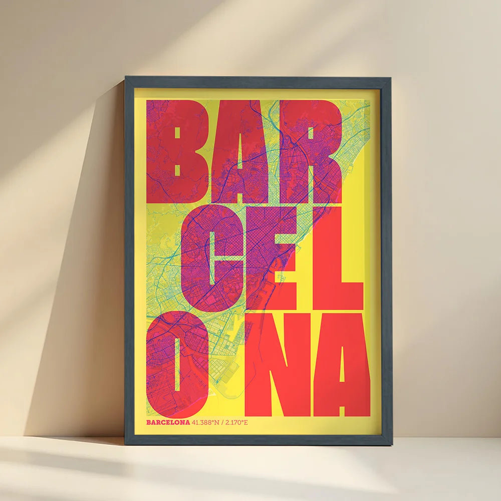 Lámina creativa de Barcelona – Diseño gráfico y tipografía sobre mapa
