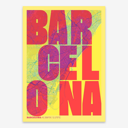 The map of Barcelona with letters of its name placed randomly, designed in pink and light blue