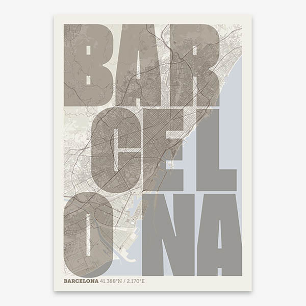 Decorative print of Barcelona with letters of its name placed randomly, designed in light brown and an off-white background