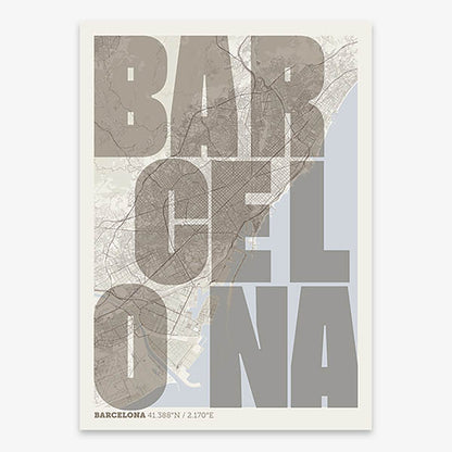 Decorative print of Barcelona with letters of its name placed randomly, designed in light brown and an off-white background