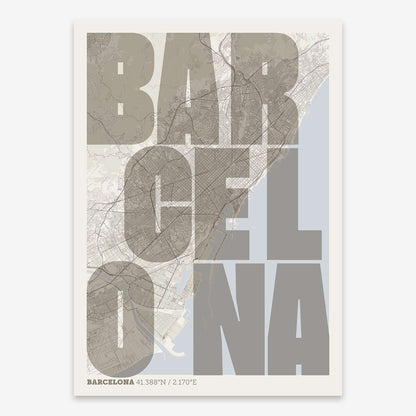 The map of Barcelona with letters of its name placed randomly, designed in bluish gray and an off-white background