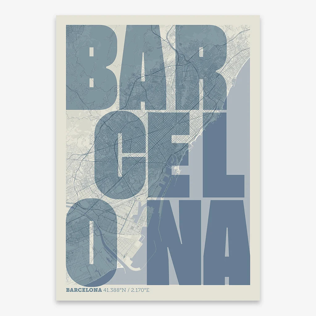 Decorative print of Barcelona with letters of its name placed randomly, designed in bluish gray and an off-white background