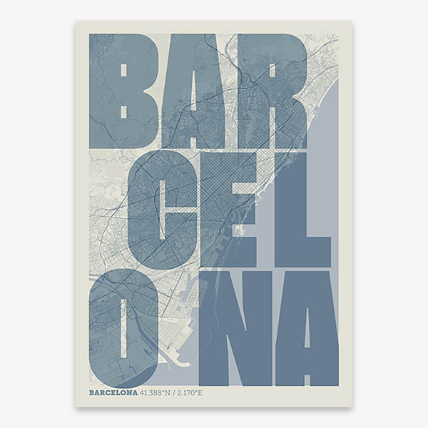 Decorative print of Barcelona with letters of its name placed randomly, designed in bluish gray and an off-white background