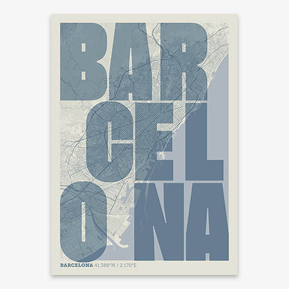 Decorative print of Barcelona with letters of its name placed randomly, designed in bluish gray and an off-white background
