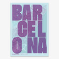 The map of Barcelona in Unruled design, where the city name letters appear randomly across different lines for a truly original urban layout designed in purple and light blue
