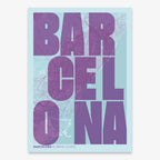 The map of Barcelona in Unruled design, where the city name letters appear randomly across different lines for a truly original urban layout designed in purple and light blue