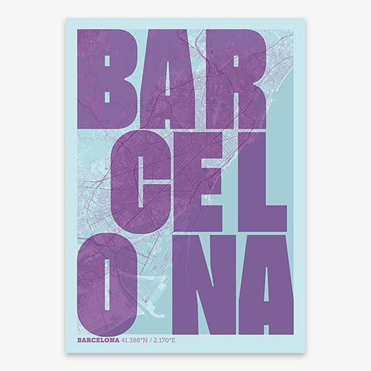 Decorative print of Barcelona with letters of its name placed randomly, designed in purple and light blue