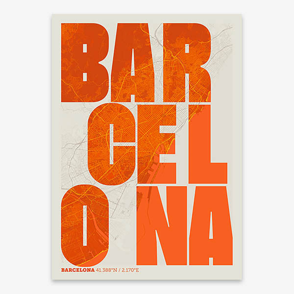Decorative print of Barcelona with letters of its name placed randomly, designed in orange and an off-white background
