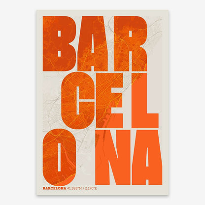 The map of Barcelona with letters of its name placed randomly, designed in orange and an off-white background
