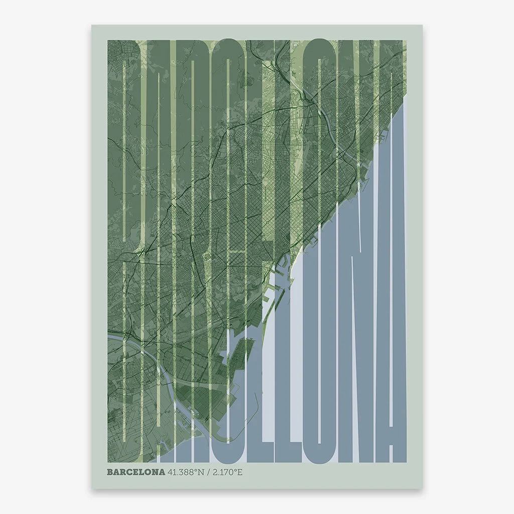 Decorative map of Barcelona and letters of its name in a giclée print designed in two green tones