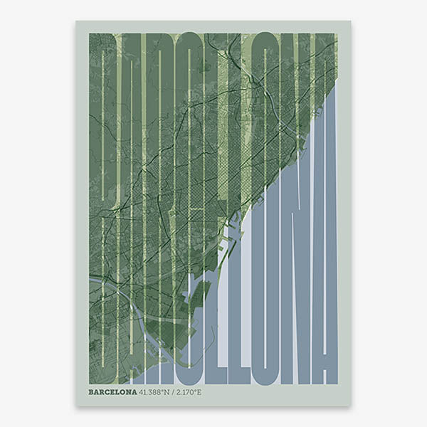 Decorative map of Barcelona and letters of its name in a giclée print designed in two green tones