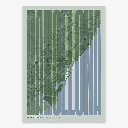 Decorative map of Barcelona and letters of its name in a giclée print designed in two green tones