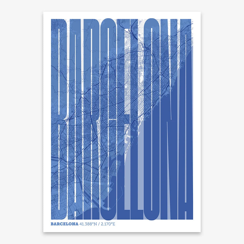 Decorative map of Barcelona and letters of its name in a giclée print designed in navy blue and white