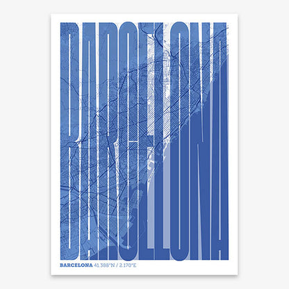 Decorative map of Barcelona and letters of its name in a giclée print designed in navy blue and white