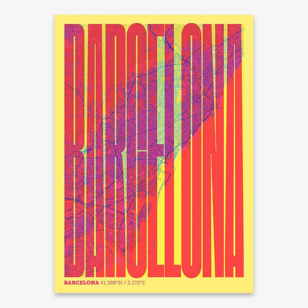 Decorative map of Barcelona and letters of its name in a giclée print designed in yellow and fuchsia