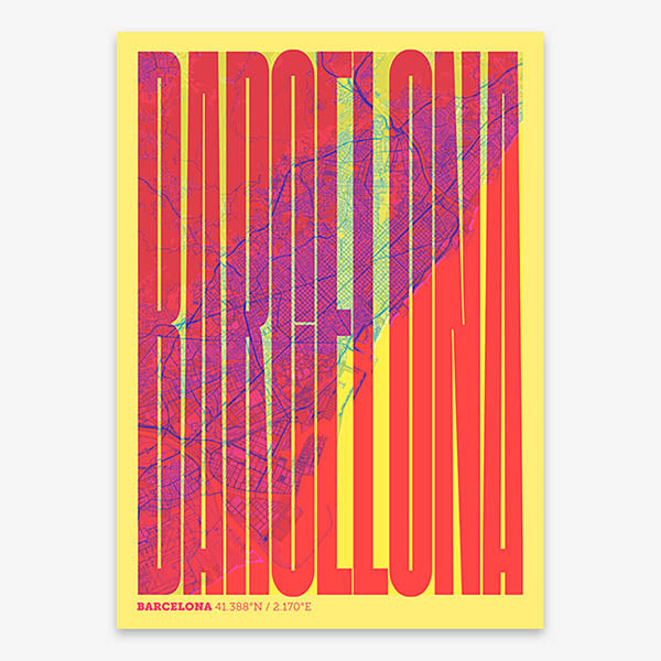 Decorative map of Barcelona and letters of its name in a giclée print designed in yellow and fuchsia