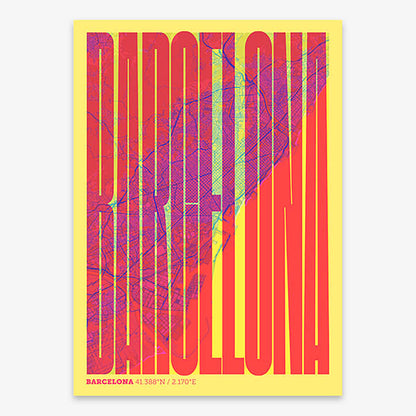 Decorative map of Barcelona and letters of its name in a giclée print designed in yellow and fuchsia