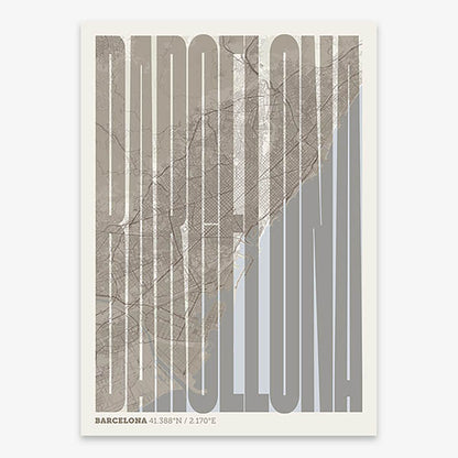 Decorative map of Barcelona and letters of its name in a giclée print designed in light brown and an off-white background