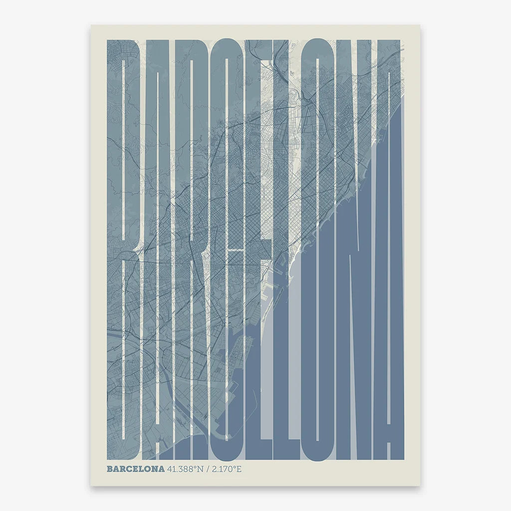Decorative map of Barcelona and letters of its name in a giclée print designed in bluish gray and an off-white background