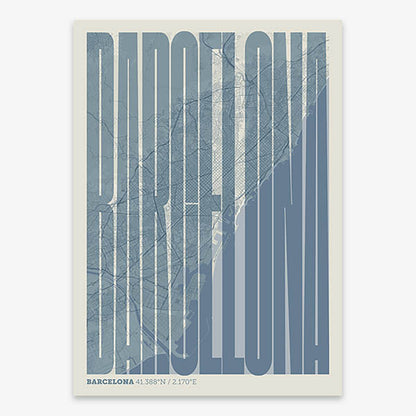 Decorative map of Barcelona and letters of its name in a giclée print designed in bluish gray and an off-white background