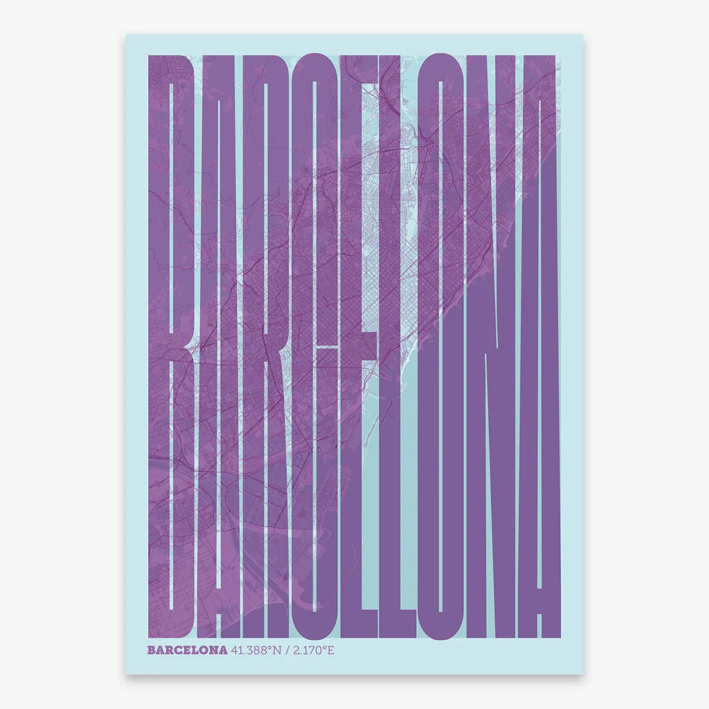 Decorative map of Barcelona and letters of its name in a giclée print designed in purple and light blue