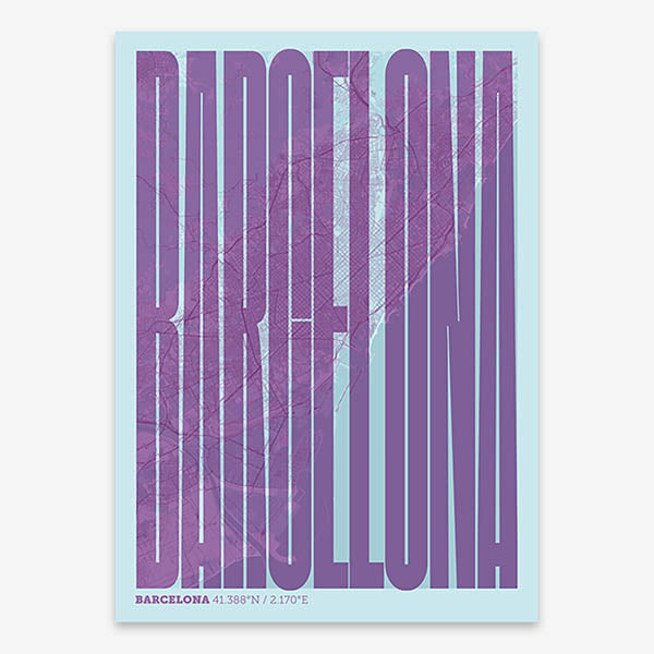 Decorative map of Barcelona and letters of its name in a giclée print designed in purple and light blue