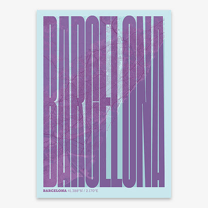 Decorative map of Barcelona and letters of its name in a giclée print designed in purple and light blue