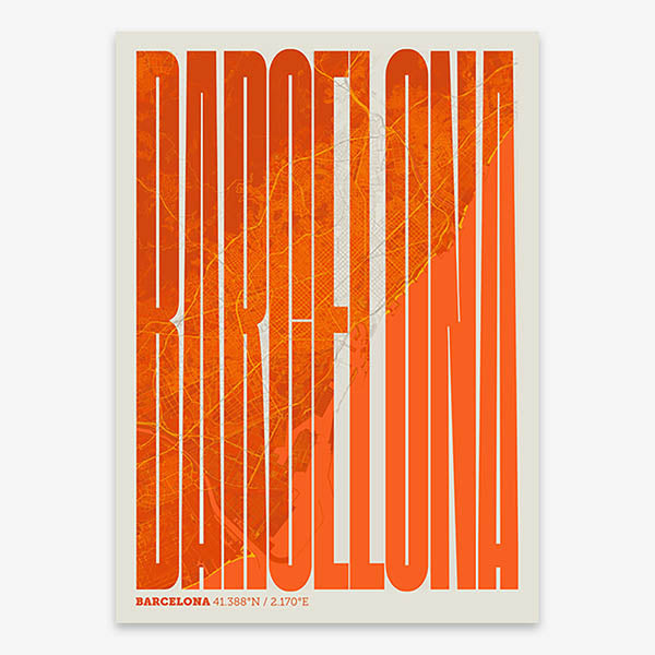 Decorative map of Barcelona and letters of its name in a giclée print designed in orange and an off-white background