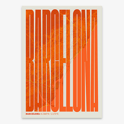 Decorative map of Barcelona and letters of its name in a giclée print designed in orange and an off-white background