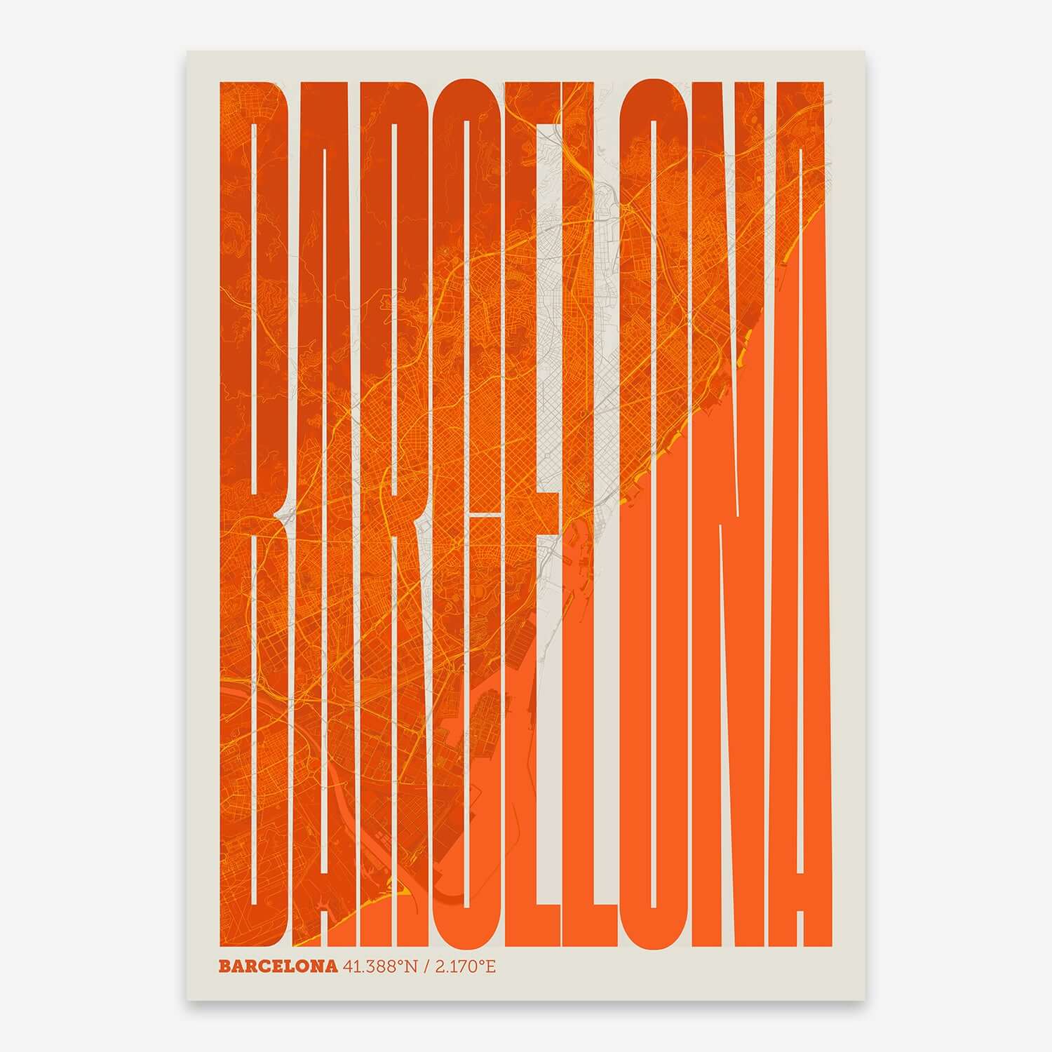 The map of Barcelona and letters of its name in a giclée print designed in pink and light blue